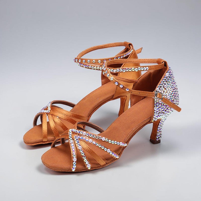 MONROE STORE brown satin Latin dance heels featuring rhinestone embellishments and an adjustable ankle buckle strap.