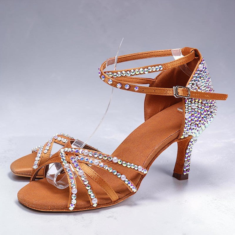 MONROE STORE brown satin Latin dance shoes with rhinestone and pearl embellishments, high heel and buckle strap.