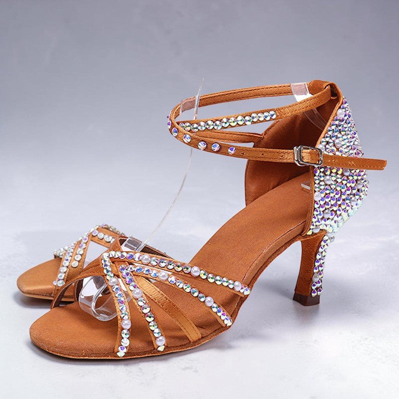 MONROE STORE brown synthetic leather Latin dance shoes with high heels, rhinestone embellishments, and buckle strap.