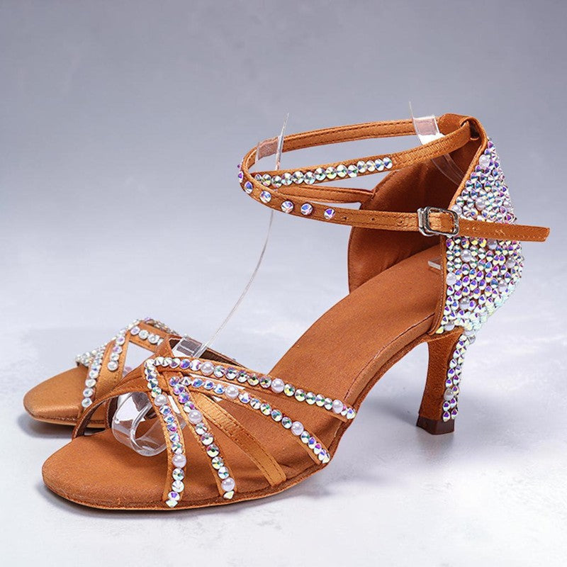 MONROE STORE brown satin Latin dance shoes with rhinestone and pearl embellishments and a high heel buckle strap