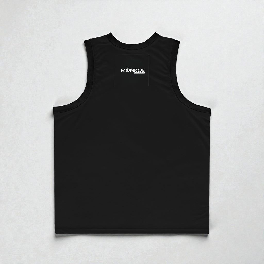 MONROE STORE camiseta de baloncesto sin mangas negra de poliéster reciclado, con logo blanco en la espalda, ideal para bailarines y deportistas.