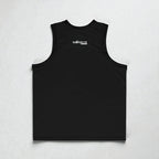 MONROE STORE camiseta de baloncesto sin mangas negra de poliéster reciclado, con logo blanco en la espalda, ideal para bailarines y deportistas.