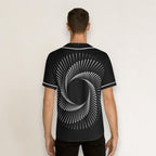Camiseta de béisbol MONROE STORE negra con estampado espiral blanco, estilo urbano para hombre, tejido de poliéster.