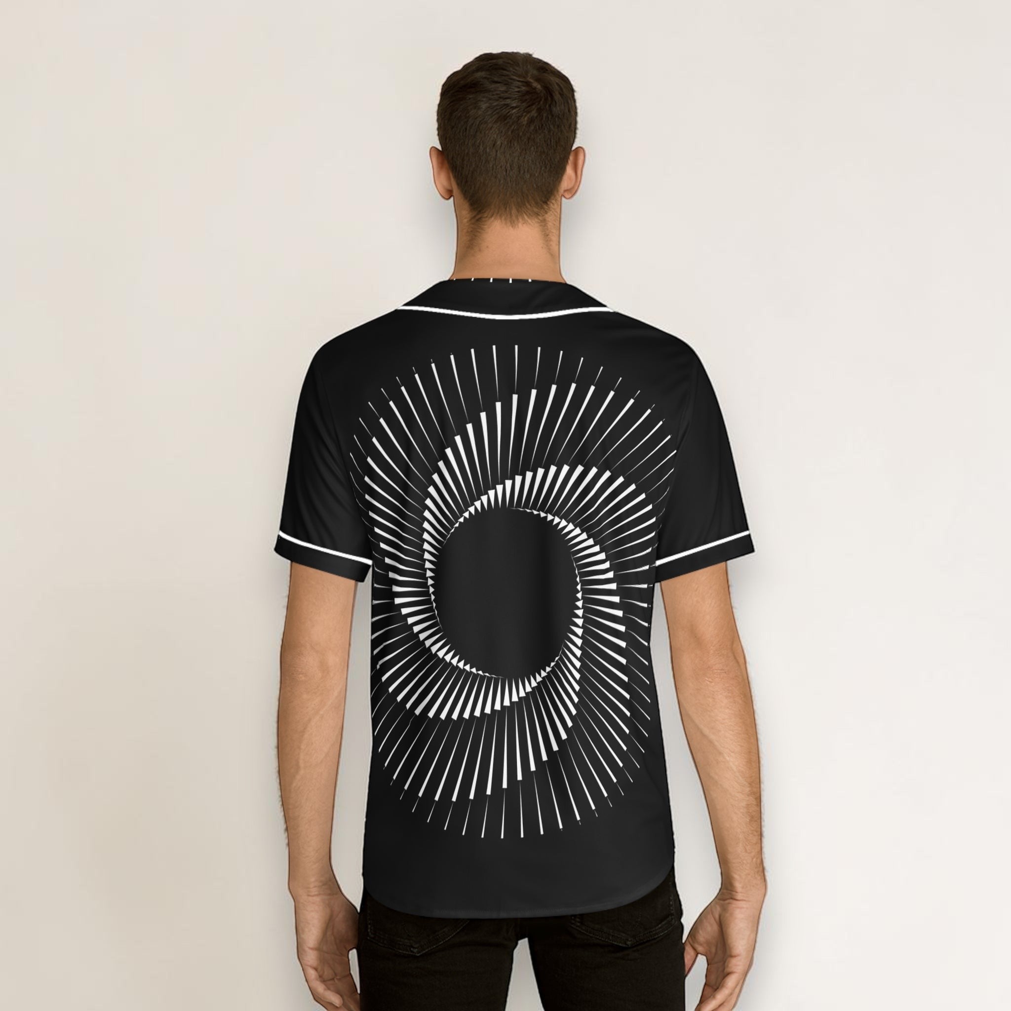 Camiseta de béisbol MONROE STORE negra con estampado espiral blanco, estilo urbano para hombre, tejido de poliéster.