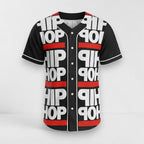 Camiseta de béisbol MONROE STORE negra con estampado Hip Hop en blanco y rojo, botones frontales y tejido de poliéster.