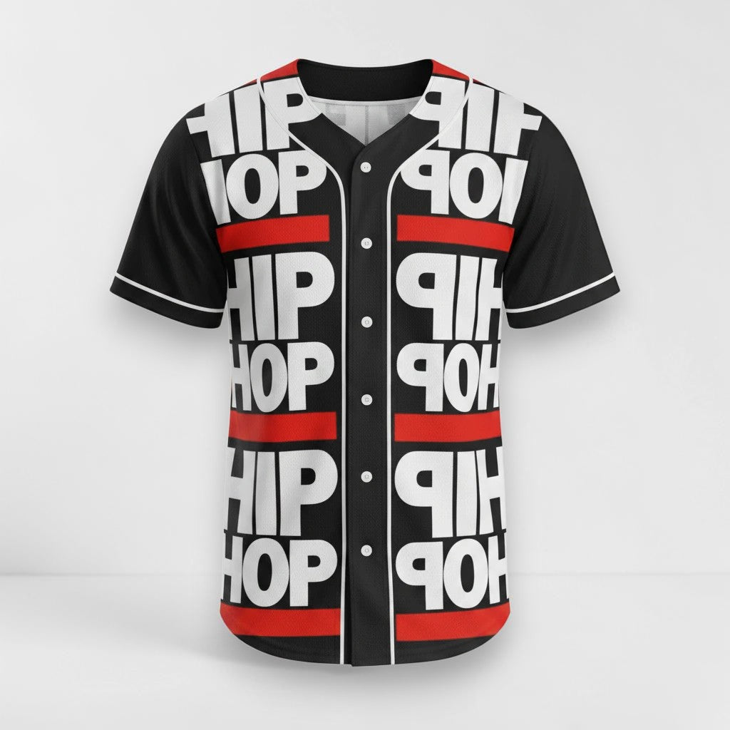 Camiseta de béisbol MONROE STORE negra con estampado Hip Hop en blanco y rojo, botones frontales y tejido de poliéster.