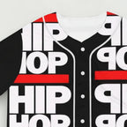 Camiseta de béisbol MONROE STORE negra y roja con estampado HIP HOP, botones frontales y tejido de poliéster ligero.