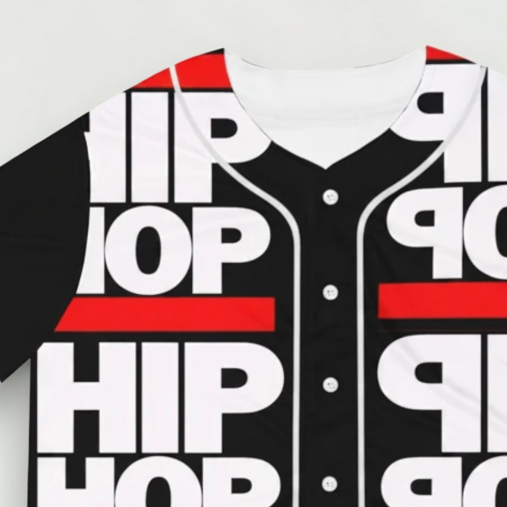 Camiseta de béisbol MONROE STORE negra y roja con estampado HIP HOP, botones frontales y tejido de poliéster ligero.