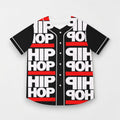 Camiseta de béisbol MONROE STORE negra y roja con estampado HIP HOP, botones frontales y tejido de poliéster ligero.