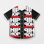 Camiseta de béisbol MONROE STORE negra y roja con estampado HIP HOP, botones frontales y tejido de poliéster ligero.