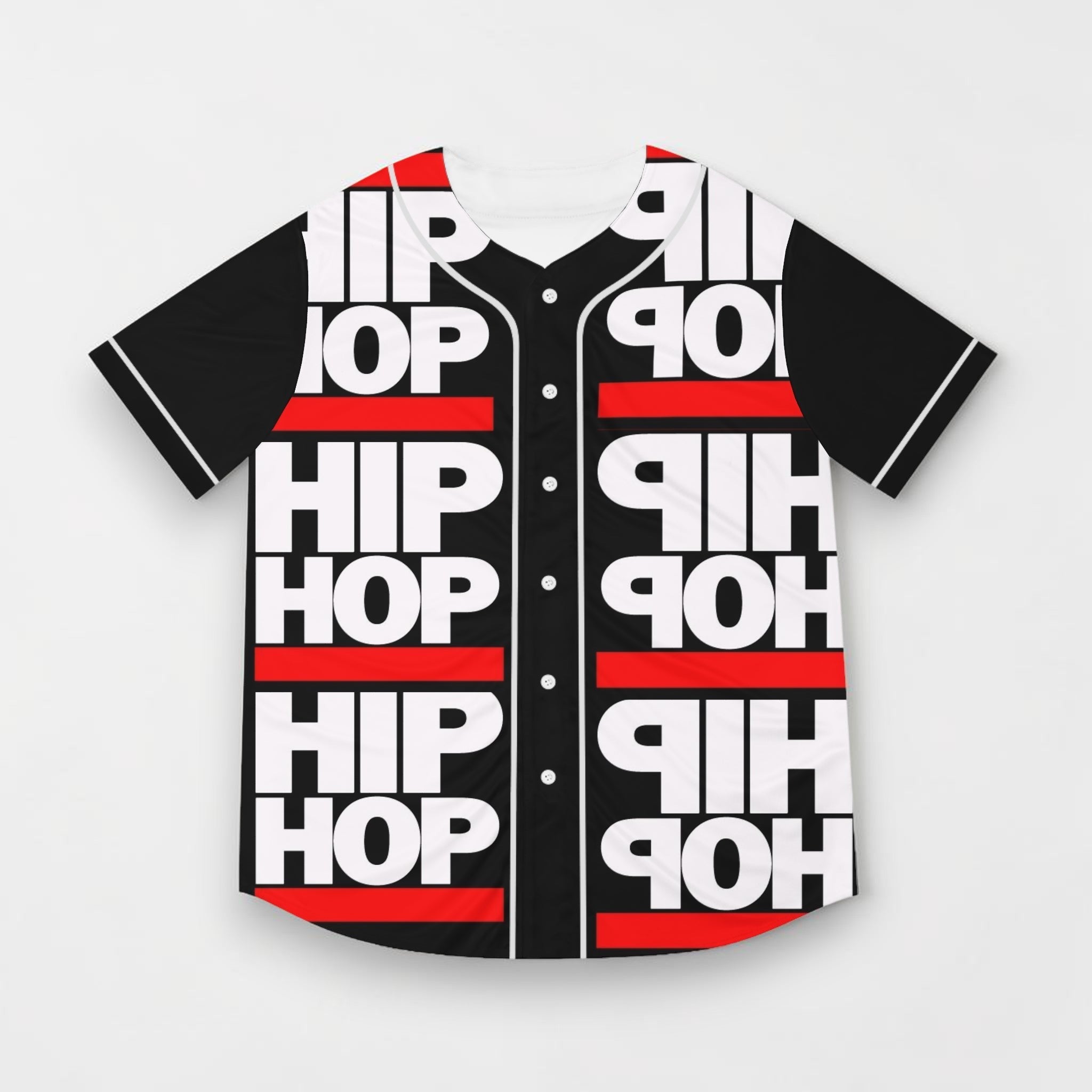 Camiseta de béisbol MONROE STORE negra y roja con estampado HIP HOP, botones frontales y tejido de poliéster ligero.
