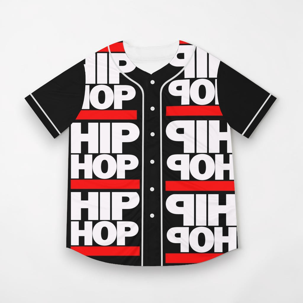Camiseta de béisbol MONROE STORE negra con estampado Hip Hop en blanco y rojo, botones frontales y tejido de poliéster.