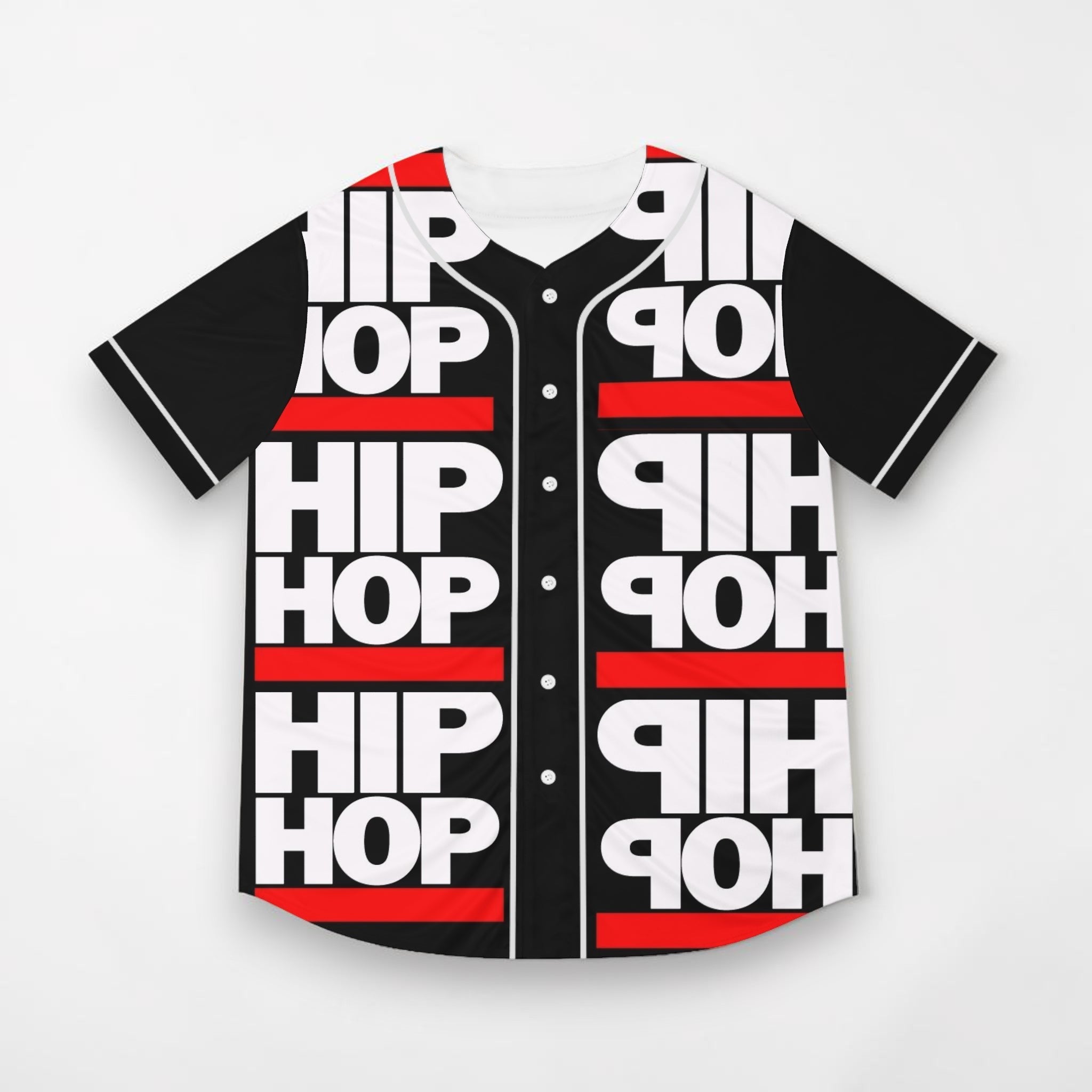 Camiseta de béisbol MONROE STORE negra con estampado Hip Hop en blanco y rojo, botones frontales y tejido de poliéster.