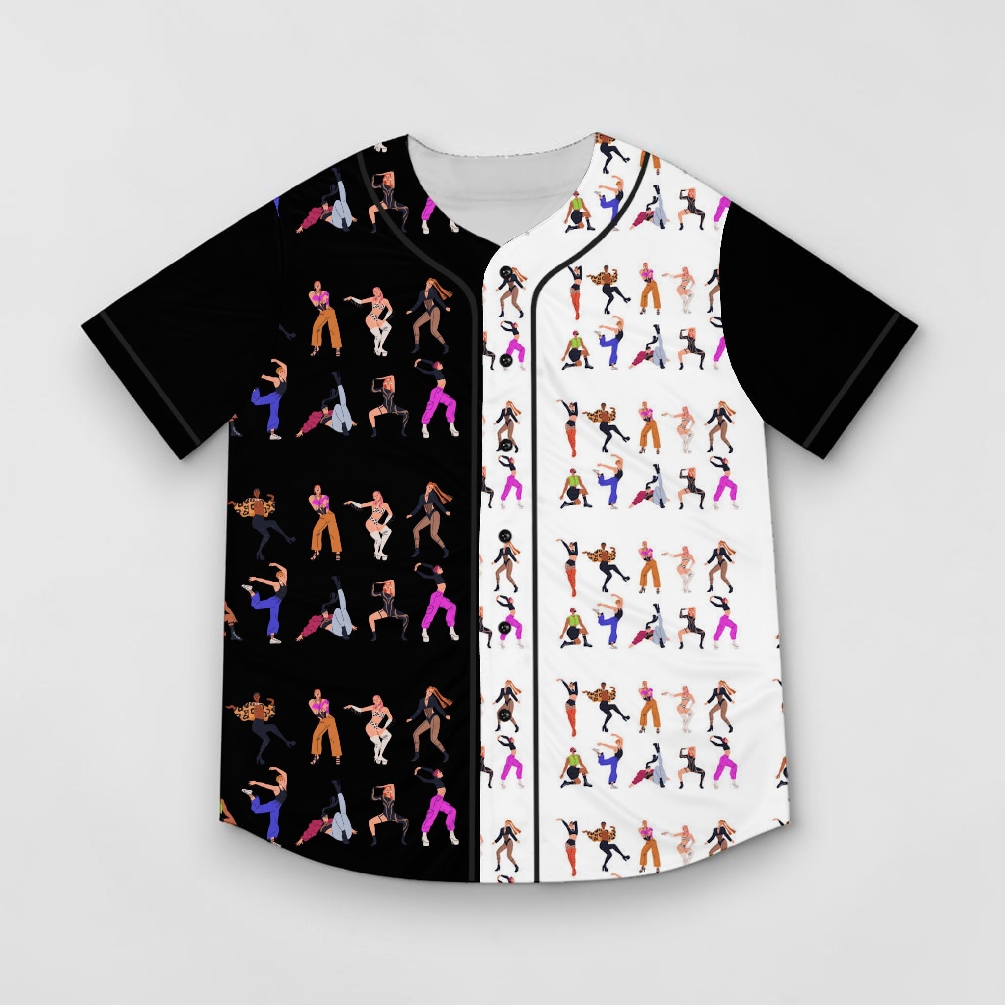 Camiseta de béisbol MONROE STORE con estampado de bailarines hip hop, diseño bicolor blanco y negro, poliéster.