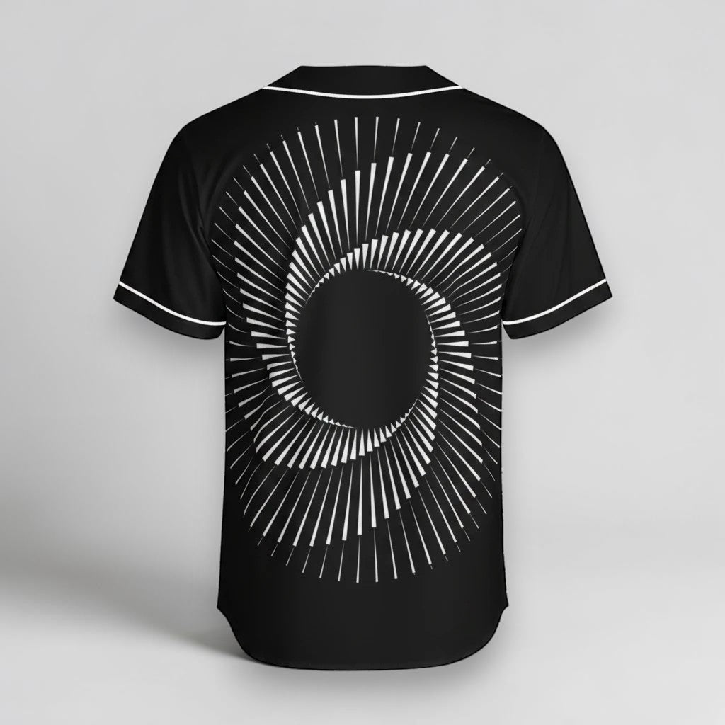 Camiseta de béisbol MONROE STORE negra con estampado gráfico circular en blanco, estilo urbano y transpirable.