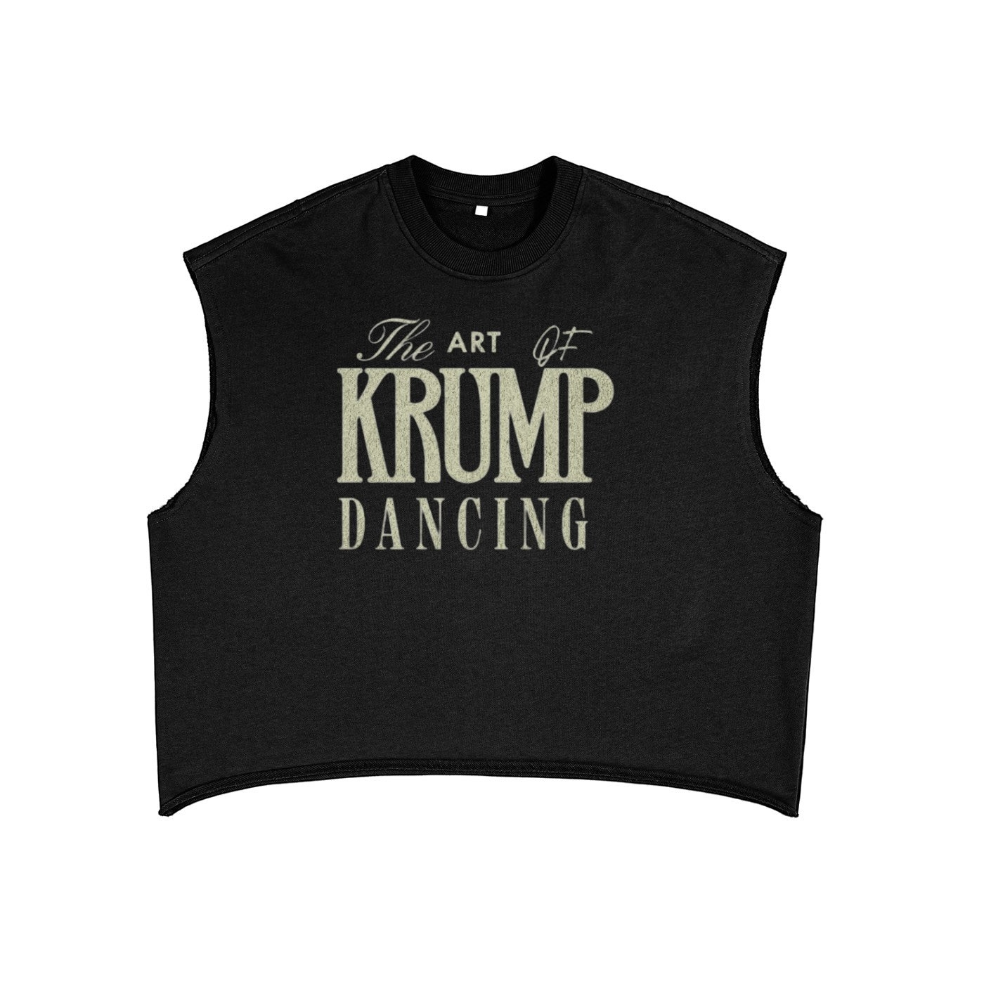 MONROE STORE camiseta sin mangas negra de corte boxy con estampado "The Art of Krump Dancing" en blanco y gris.