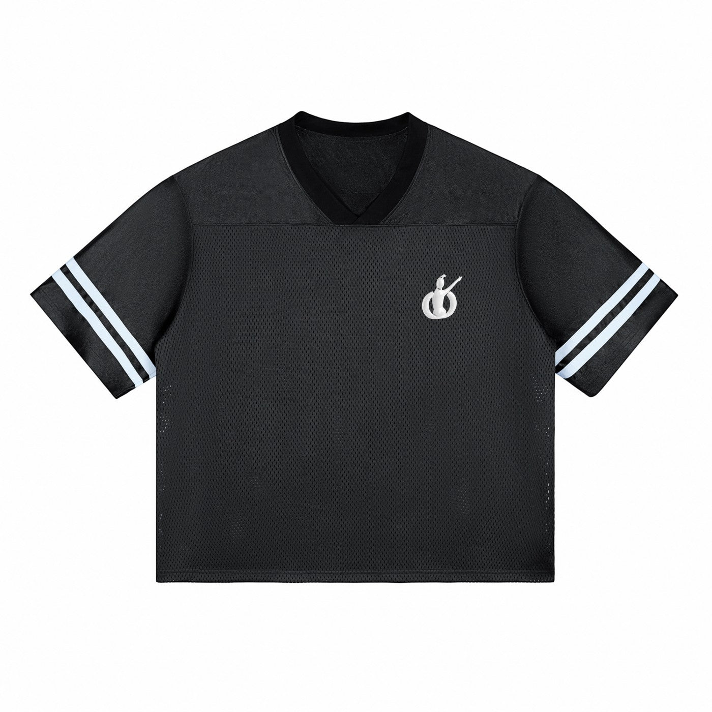 MONROE STORE camiseta de malla negra de poliéster con cuello en V, manga corta y rayas blancas en las mangas.