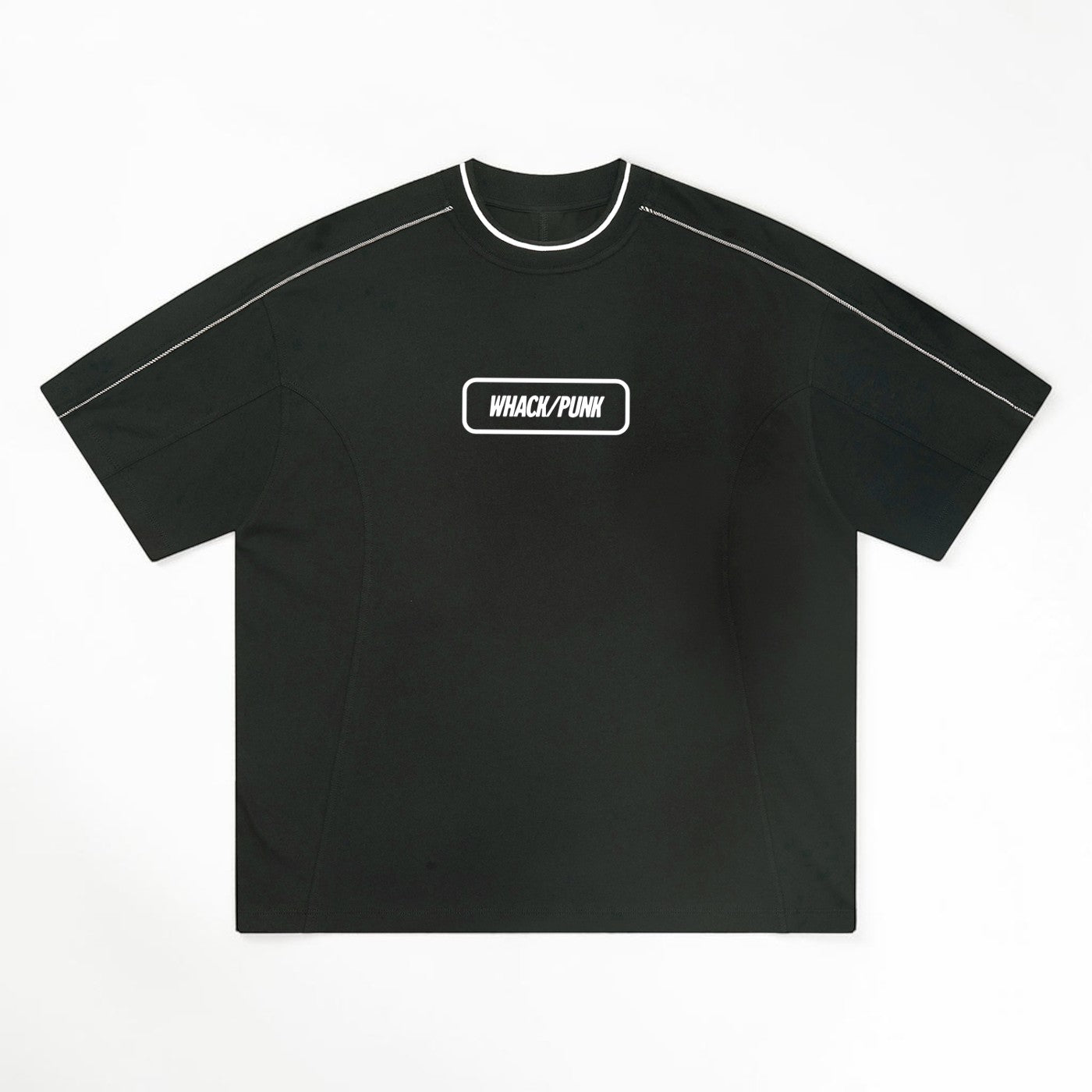 MONROE STORE camiseta negra de algodón 100% unisex con cuello redondo y ribete blanco, manga corta y detalle de cinta contrastada.