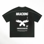 MONROE STORE camiseta negra de algodón 100% unisex, manga corta, cuello redondo, con estampado gráfico de manos cruzadas y texto "WAAACKING 70s".