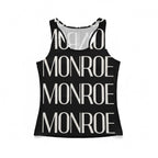 Camiseta de tirantes negra MONROE STORE con estampado gráfico de letras blancas, tejido ligero de poliéster.