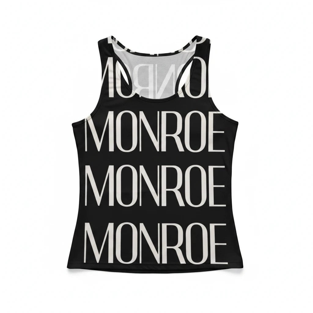 Camiseta de tirantes negra MONROE STORE con estampado gráfico de letras blancas, tejido ligero de poliéster.