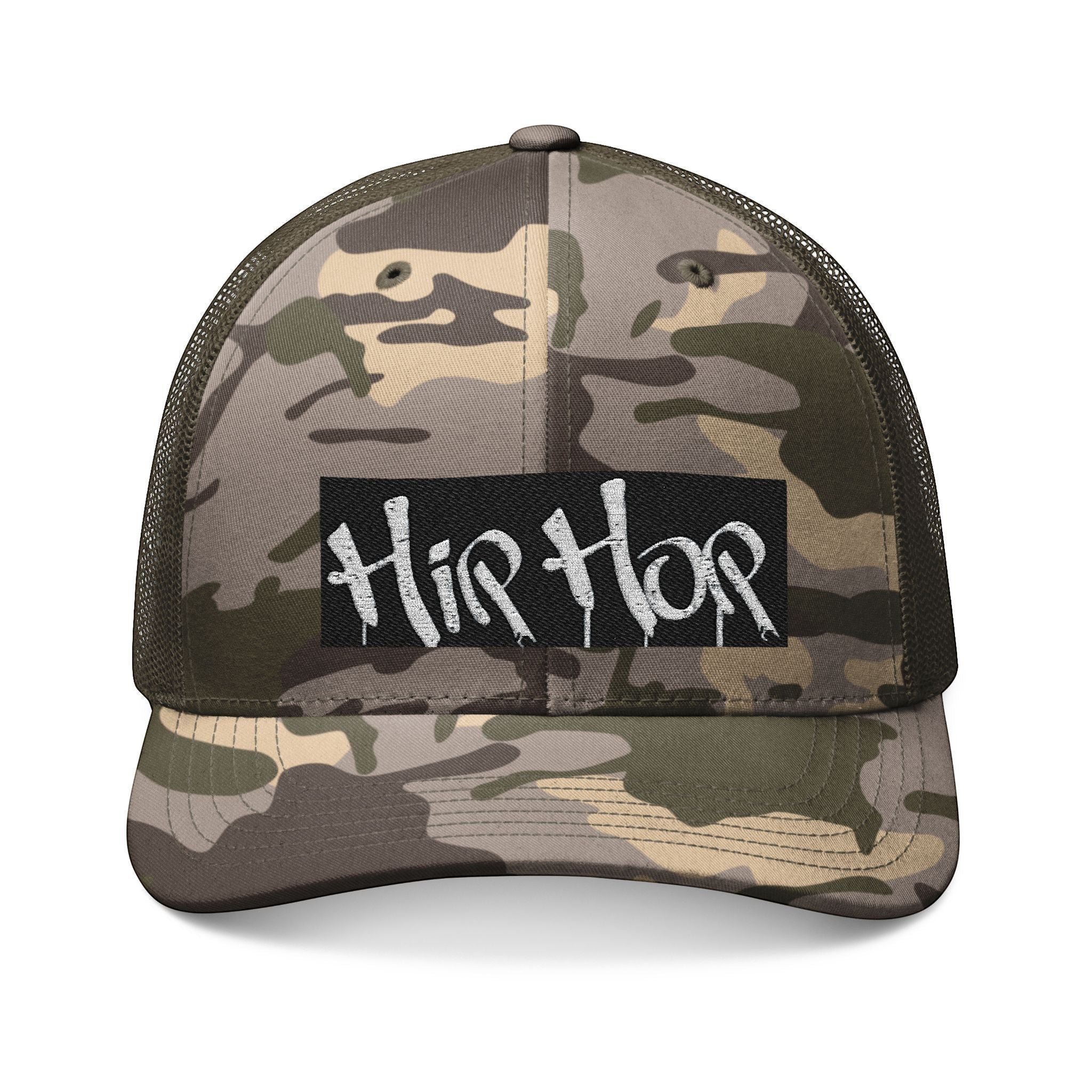 MONROE STORE Camouflage trucker hat with "Hip Hop" graphic on a black patch. Cotton front, mesh back.