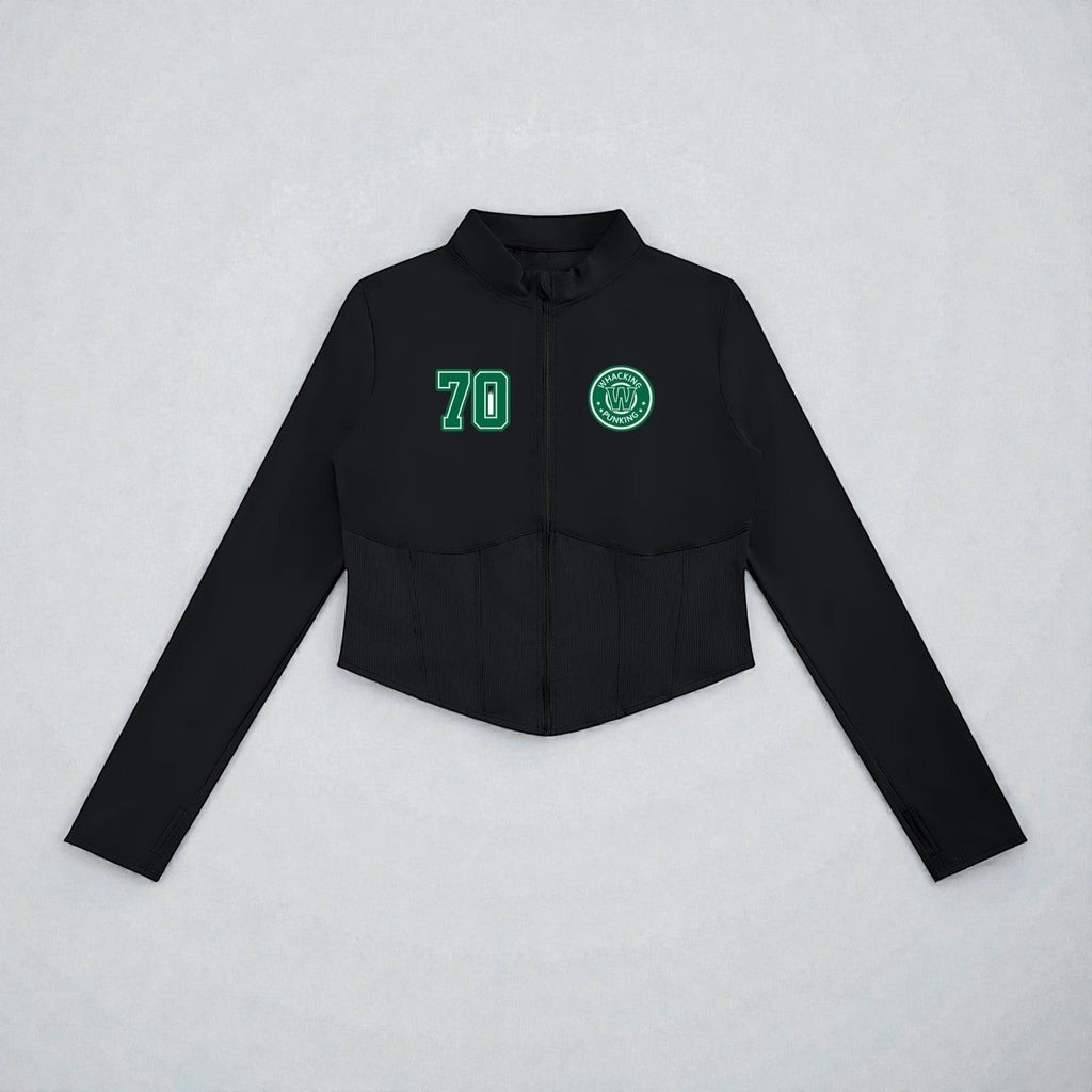 MONROE STORE chaqueta de yoga negra de manga larga con cremallera frontal, cuello alto y detalle de canalé en la cintura.