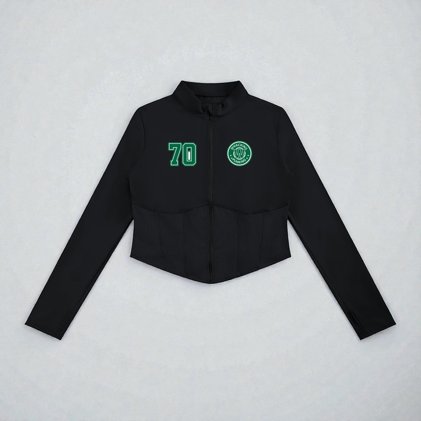 MONROE STORE chaqueta de yoga negra de manga larga con cremallera frontal, cuello alto y detalle de canalé en la cintura.