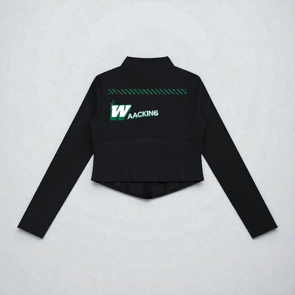 MONROE STORE Chaqueta de yoga negra de manga larga con cremallera completa y ajuste ceñido, con logo verde y blanco en la espalda.