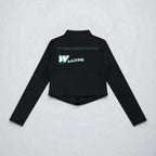 MONROE STORE Chaqueta de yoga negra de manga larga con cremallera completa y ajuste ceñido, con logo verde y blanco en la espalda.