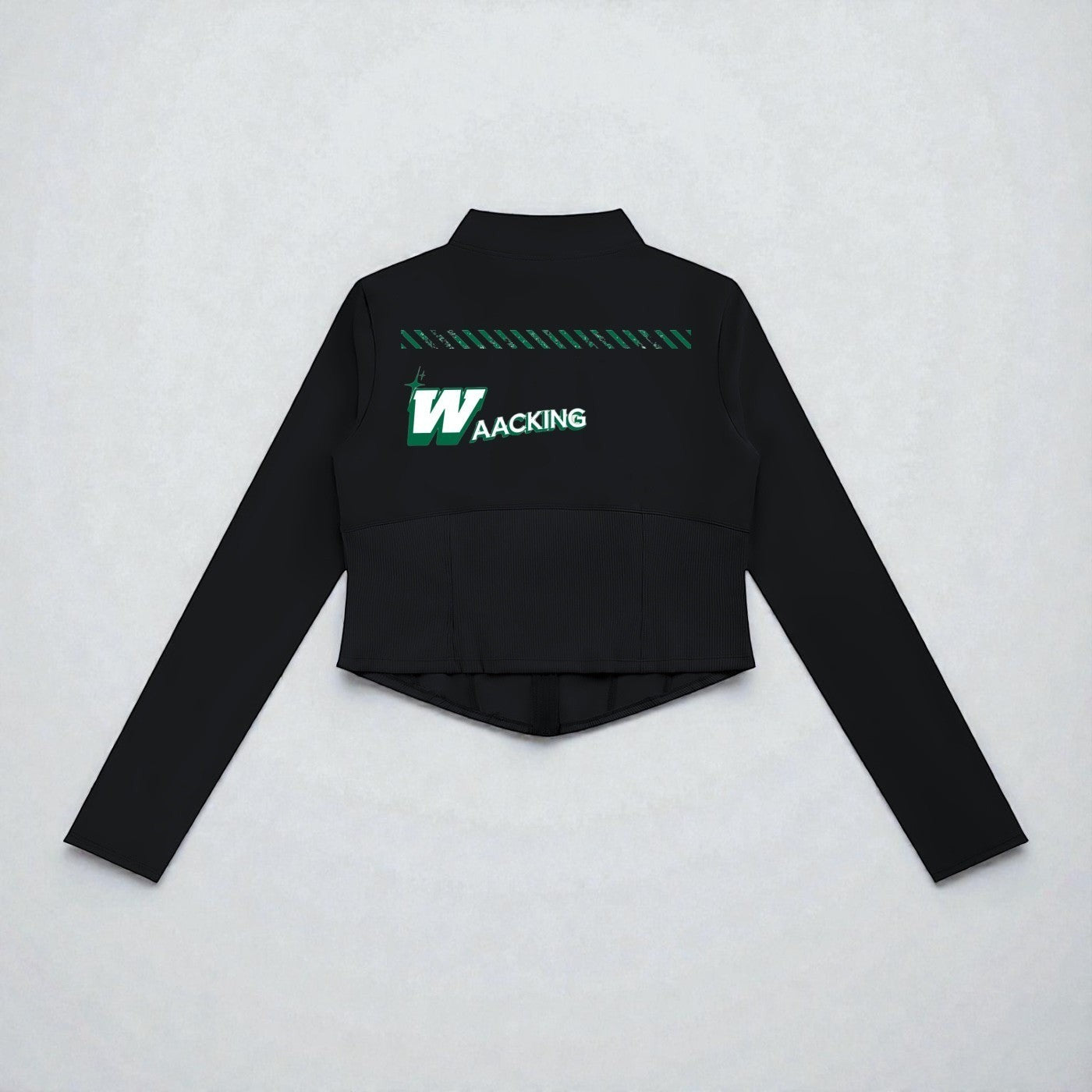 MONROE STORE Chaqueta de yoga negra de manga larga con cremallera completa y ajuste ceñido, con logo verde y blanco en la espalda.