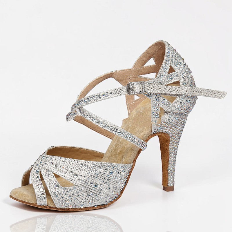 MONROE STORE crystal-embellished strappy ballroom dance heels with a secure ankle strap and flexible suede sole.