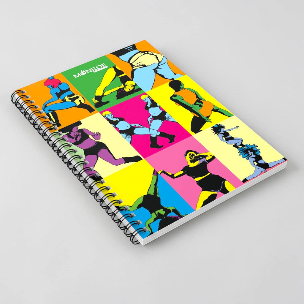 Cuaderno de espiral MONROE STORE con diseño pop art de bailarinas de Dancehall en colores vibrantes y 118 páginas.