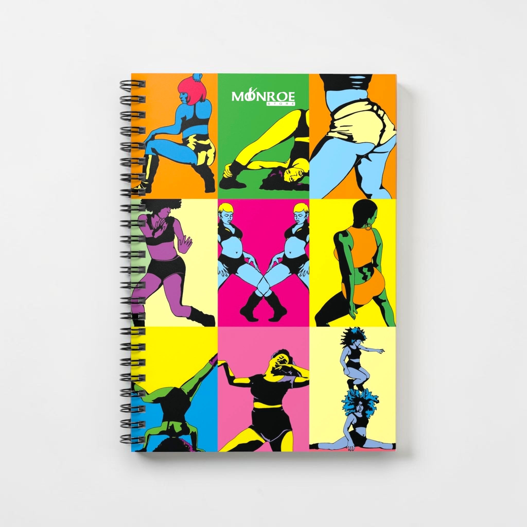 Cuaderno de espiral MONROE STORE con diseño gráfico colorido de bailarinas de dancehall y 118 páginas rayadas.
