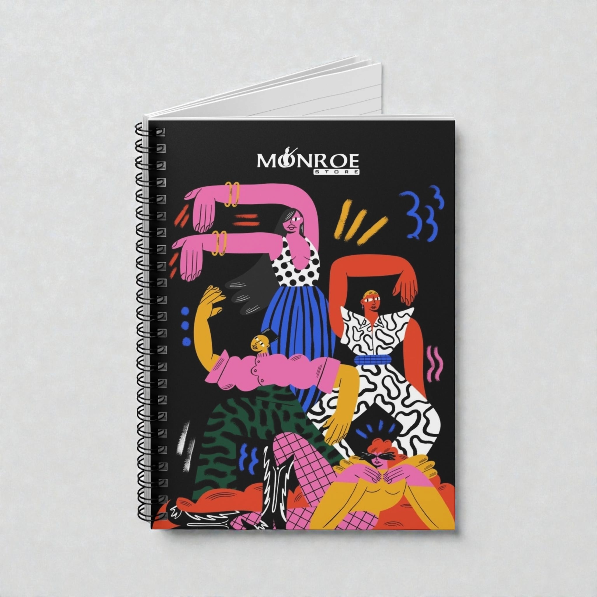 MONROE STORE cuaderno espiral con diseño colorido de figuras abstractas, ideal para artistas y escritores.