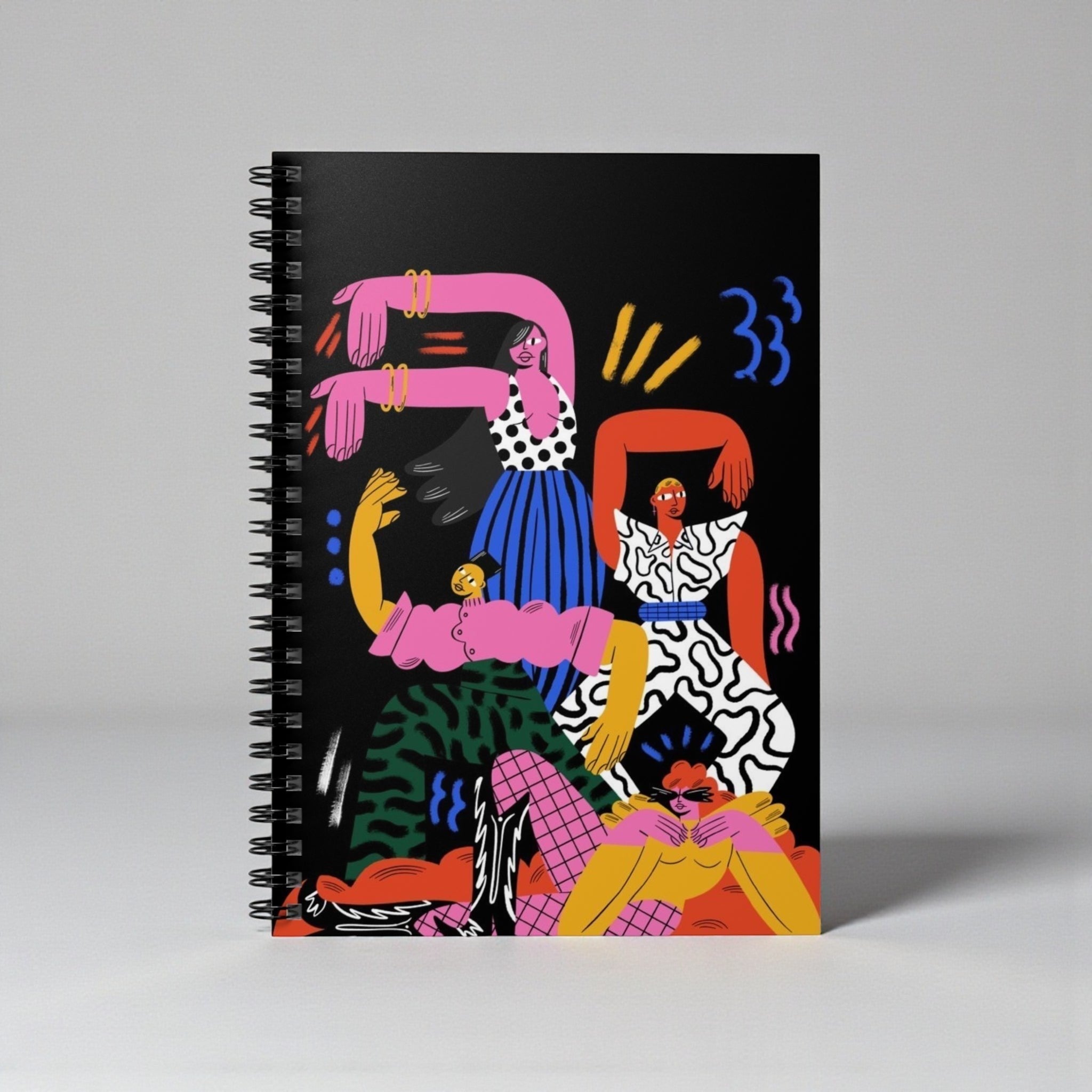 MONROE STORE Cuaderno de espiral con diseño abstracto de figuras en negro, rosa, amarillo, azul y verde. Encuadernado en espiral.