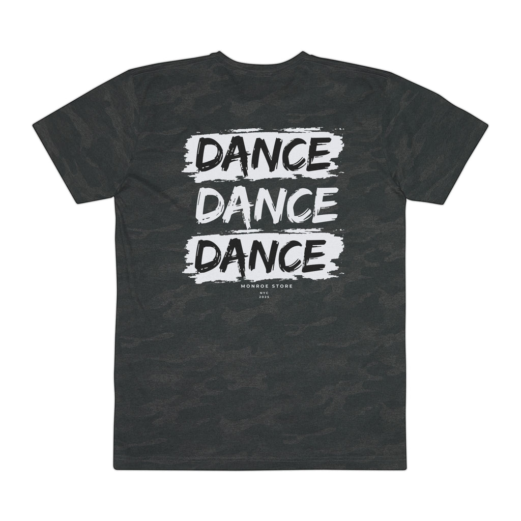 MONROE STORE dark grey graphic tee with "DANCE DANCE DANCE" printed in white brush strokes. Cotton blend fabric.