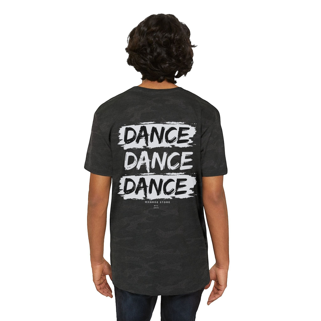 MONROE STORE men's dark grey graphic tee with "DANCE DANCE DANCE" text print on back. Cotton blend.