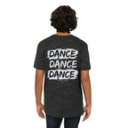 MONROE STORE men's dark grey graphic tee with "DANCE DANCE DANCE" text print on back. Cotton blend.
