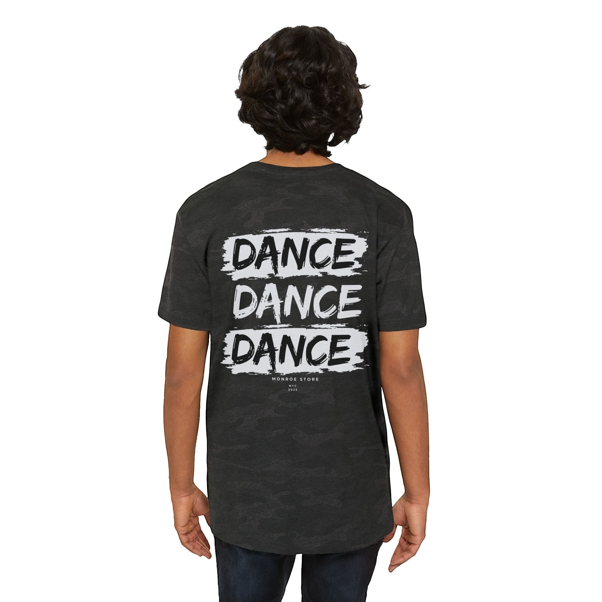 MONROE STORE men's dark grey graphic tee with "DANCE DANCE DANCE" text print on back. Cotton blend.