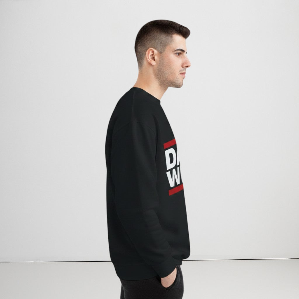 MONROE STORE DANCE WITH ME sweatshirt in black, cotton-polyester blend, with white text and red stripe detail. Crewneck, long sleeves.