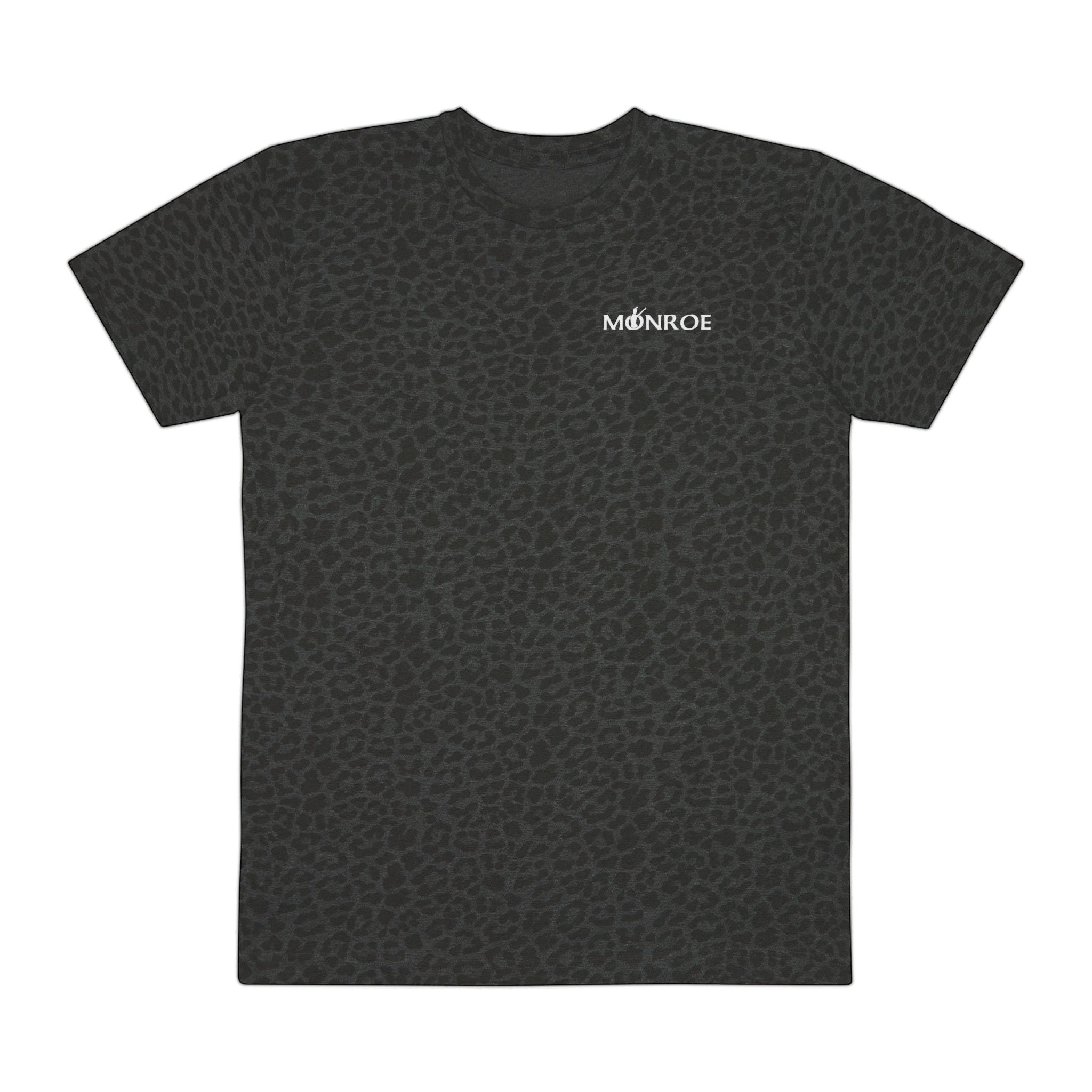 MONROE STORE men's dark grey graphic tee with an all-over animal print pattern and a small white logo on the chest. Made from a cotton-polyester blend.