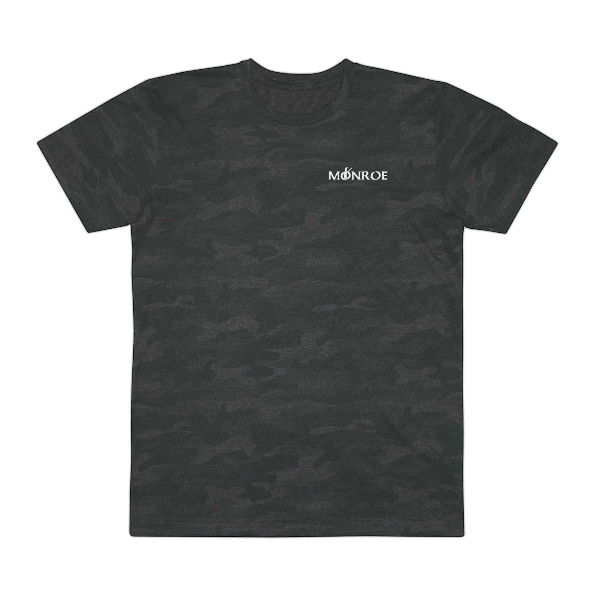 MONROE STORE men's dark grey camouflage print t-shirt with crew neck and short sleeves.