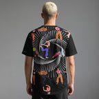 MONROE STORE black baseball jersey with a disco ball design featuring dancers in various poses and outfits. 100% polyester.