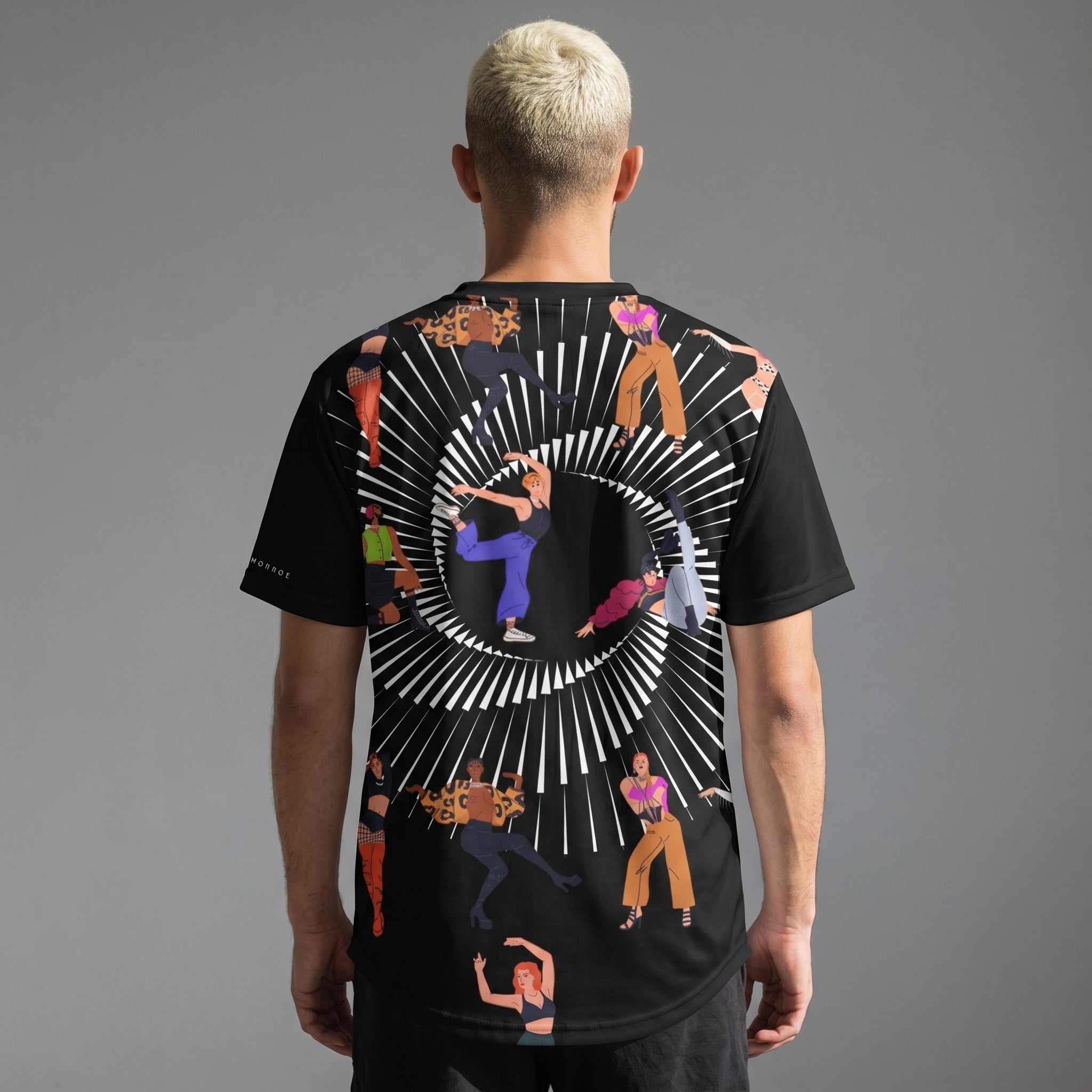MONROE STORE black baseball jersey with a disco ball design featuring dancers in various poses and outfits. 100% polyester.