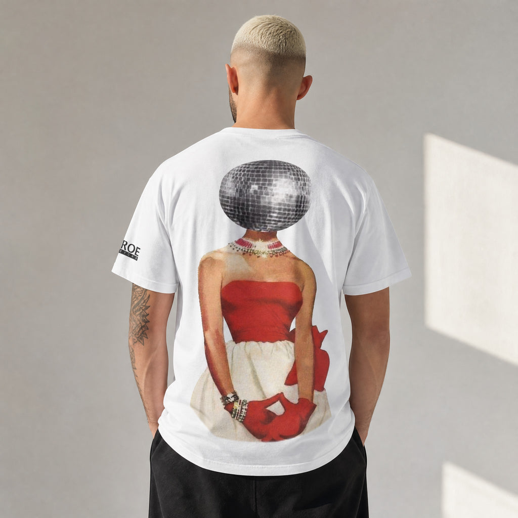 MONROE STORE men's white jersey with artistic disco ball head design, red top, and white skirt. 100% polyester.