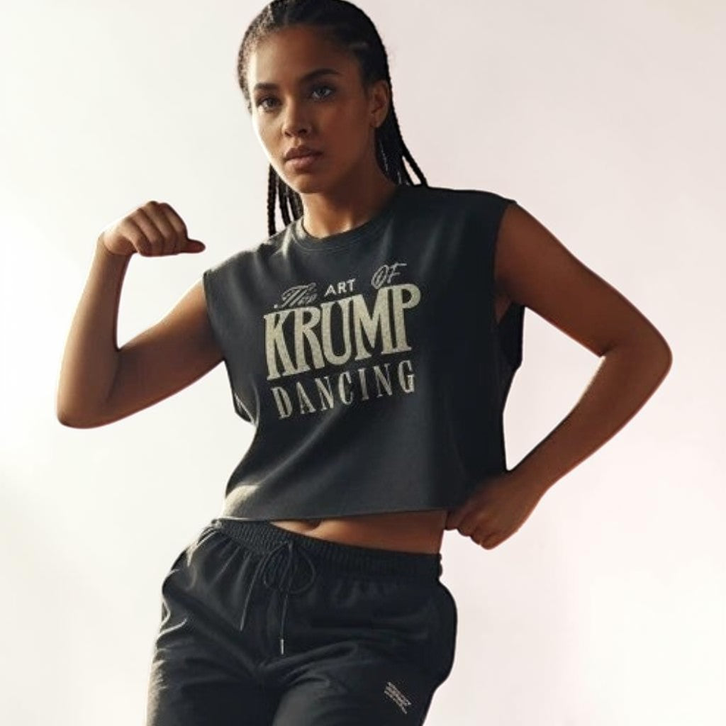 MONROE STORE French Terry Boxy Tank Top sin mangas, cuello redondo, color gris oscuro con estampado "The Art of Krump Dancing".