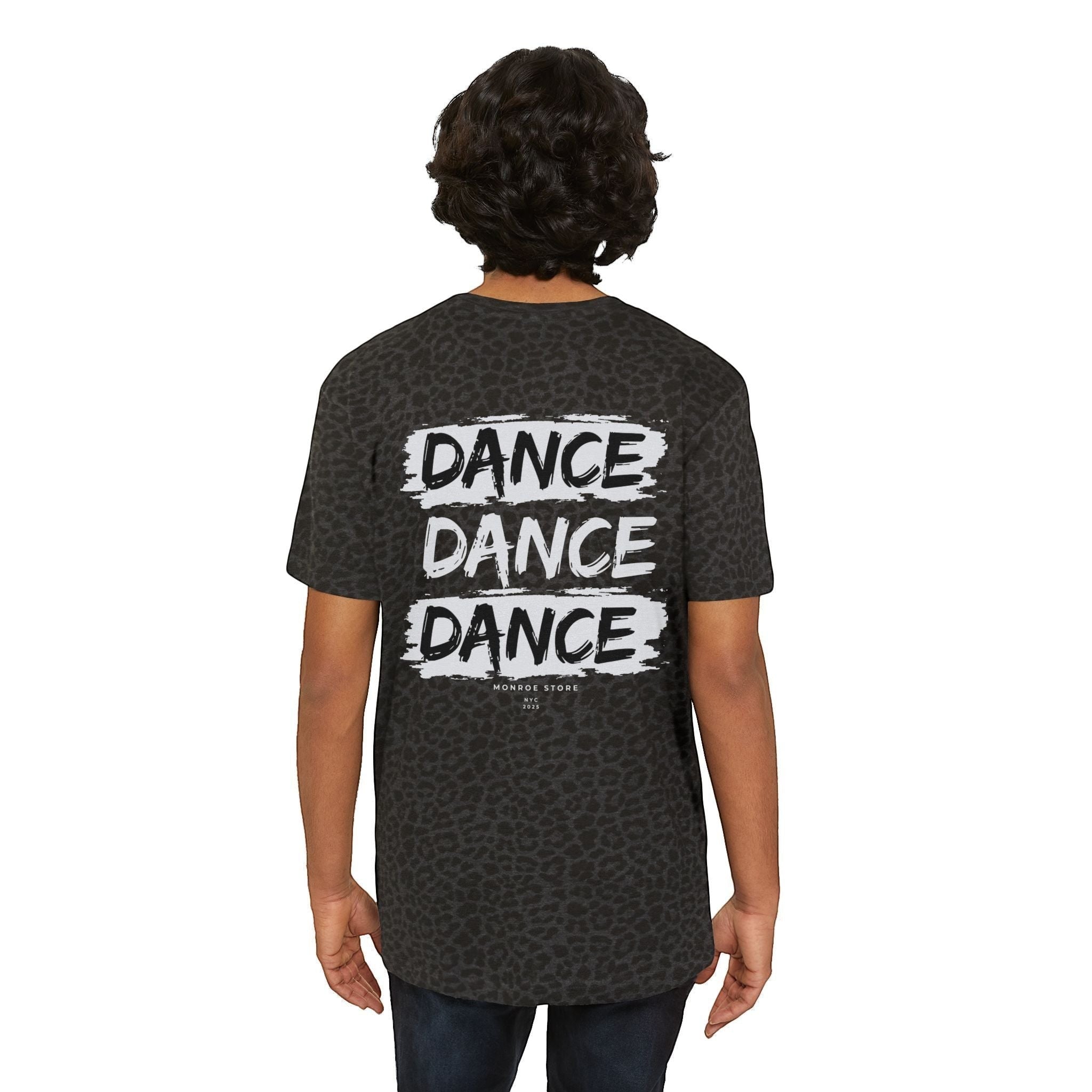 Monroe Store men's dark grey graphic tee with a black leopard print and white 'DANCE DANCE DANCE' text on the back.