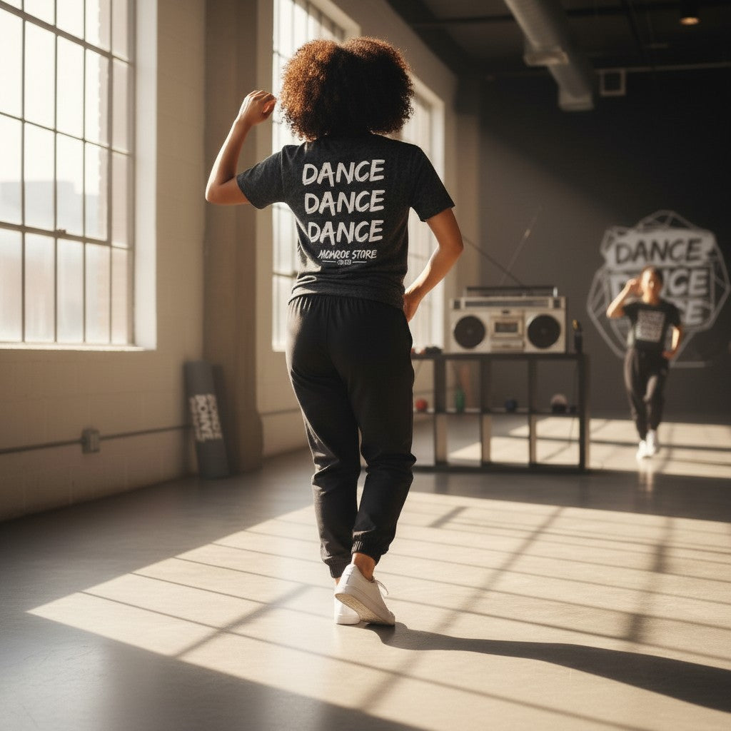 MONROE STORE dark grey graphic tee with "DANCE DANCE DANCE" print, worn by a woman dancing in a studio.