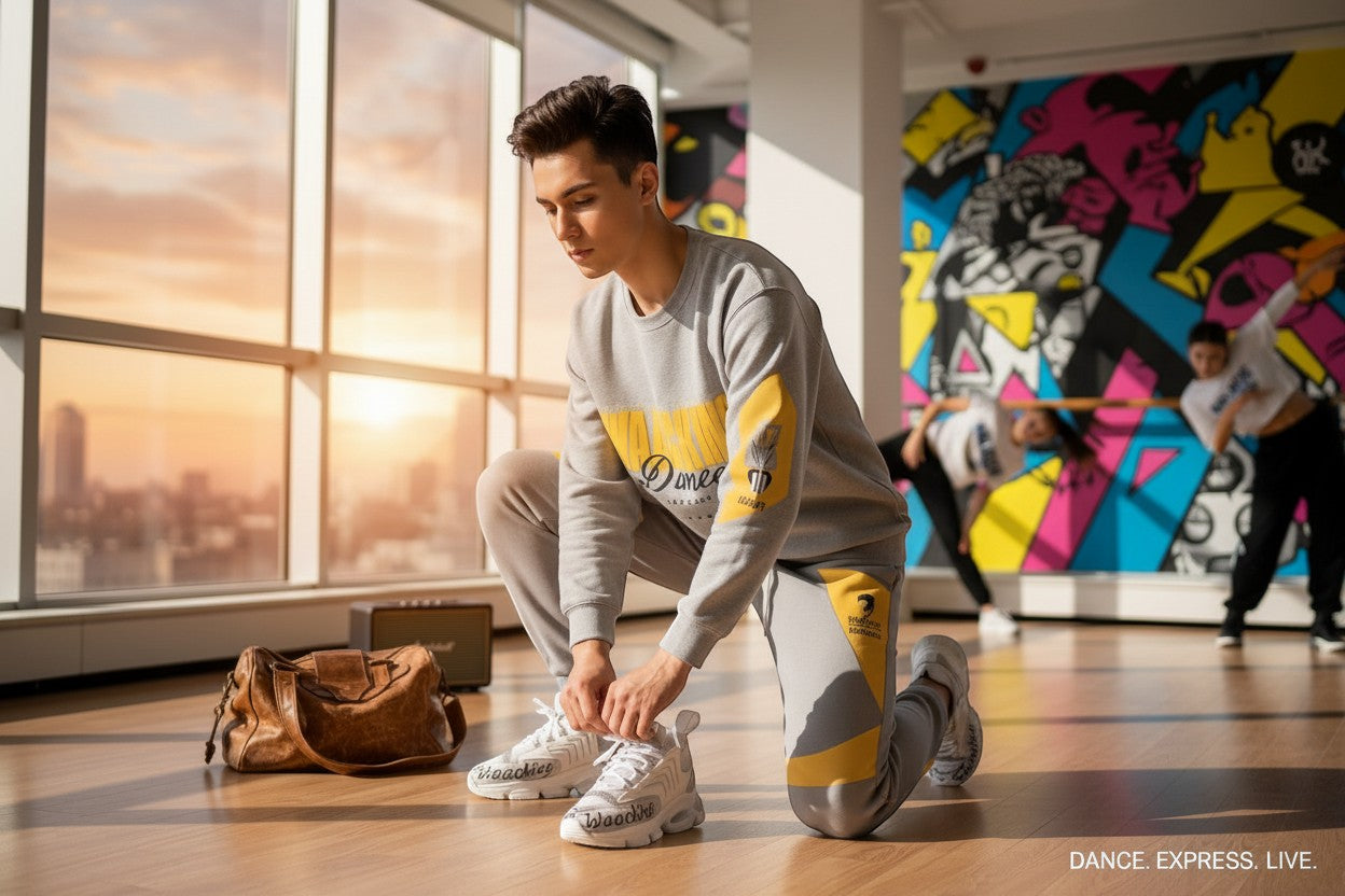 MONROE STORE grey sweatshirt and joggers with yellow accents, worn by a young man tying his white sneakers in a dance studio.